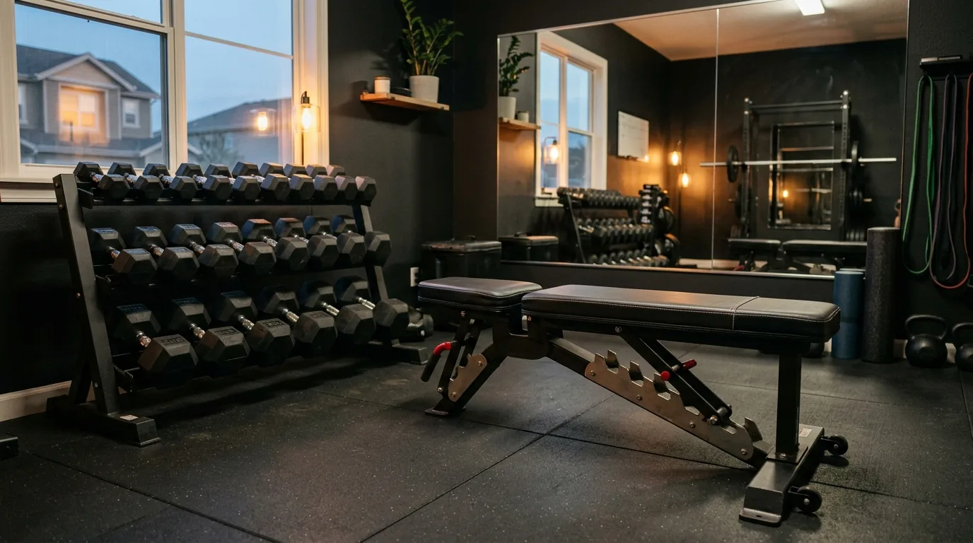 Person performing dumbbell incline press on an adjustable bench in a modern home gym