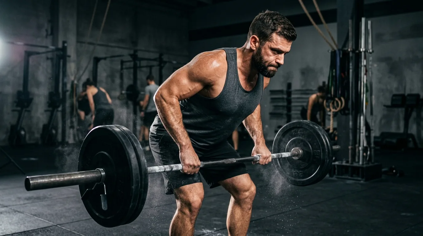 Man performing heavy barbell row in a gym, building back muscle