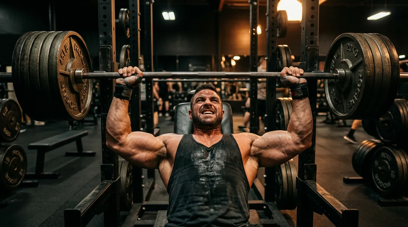 Muscular man performing heavy barbell bench press in a modern gym with dramatic lighting
