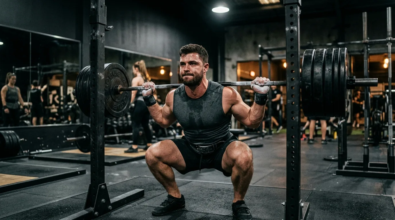 Homme soulevant une barre chargée au squat rack dans une salle de musculation moderne