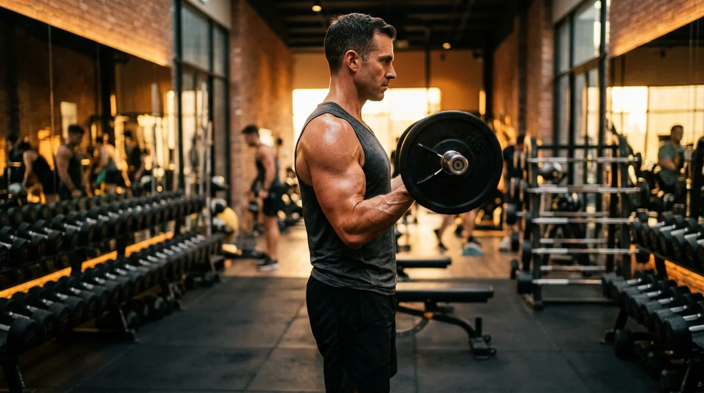 Homme de profil effectuant un curl biceps avec haltère dans une salle de musculation moderne, focus sur le biceps contracté