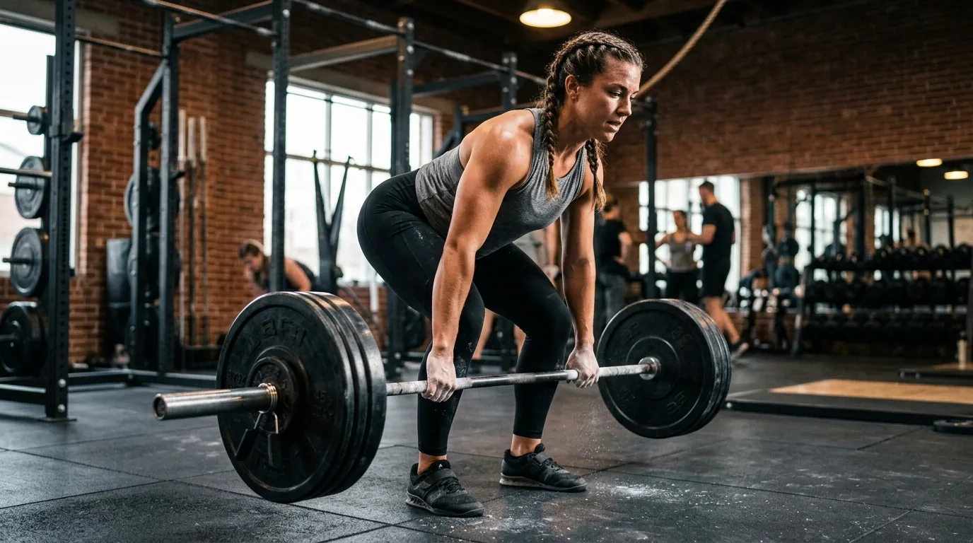 Athlete performing a heavy deadlift with loaded barbell in a modern gym, focused and neutral spine
