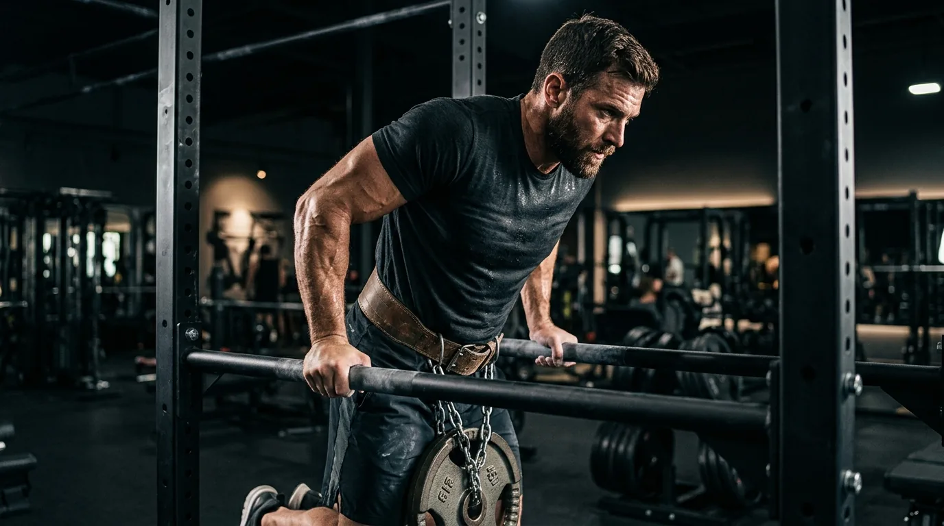 Athlète masculin en dips sur barres parallèles dans une salle de musculation moderne éclairée en lumière cinéma