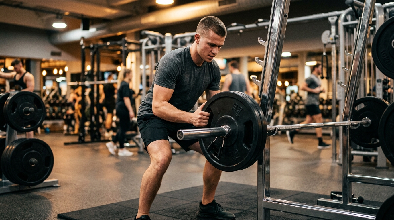 Débutant en salle de musculation chargeant une barre olympique sur un squat rack, premier entraînement