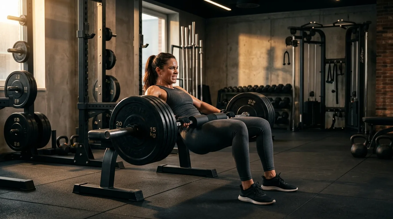 Femme réalisant un hip thrust avec barre dans une salle de musculation moderne, lumière dramatique
