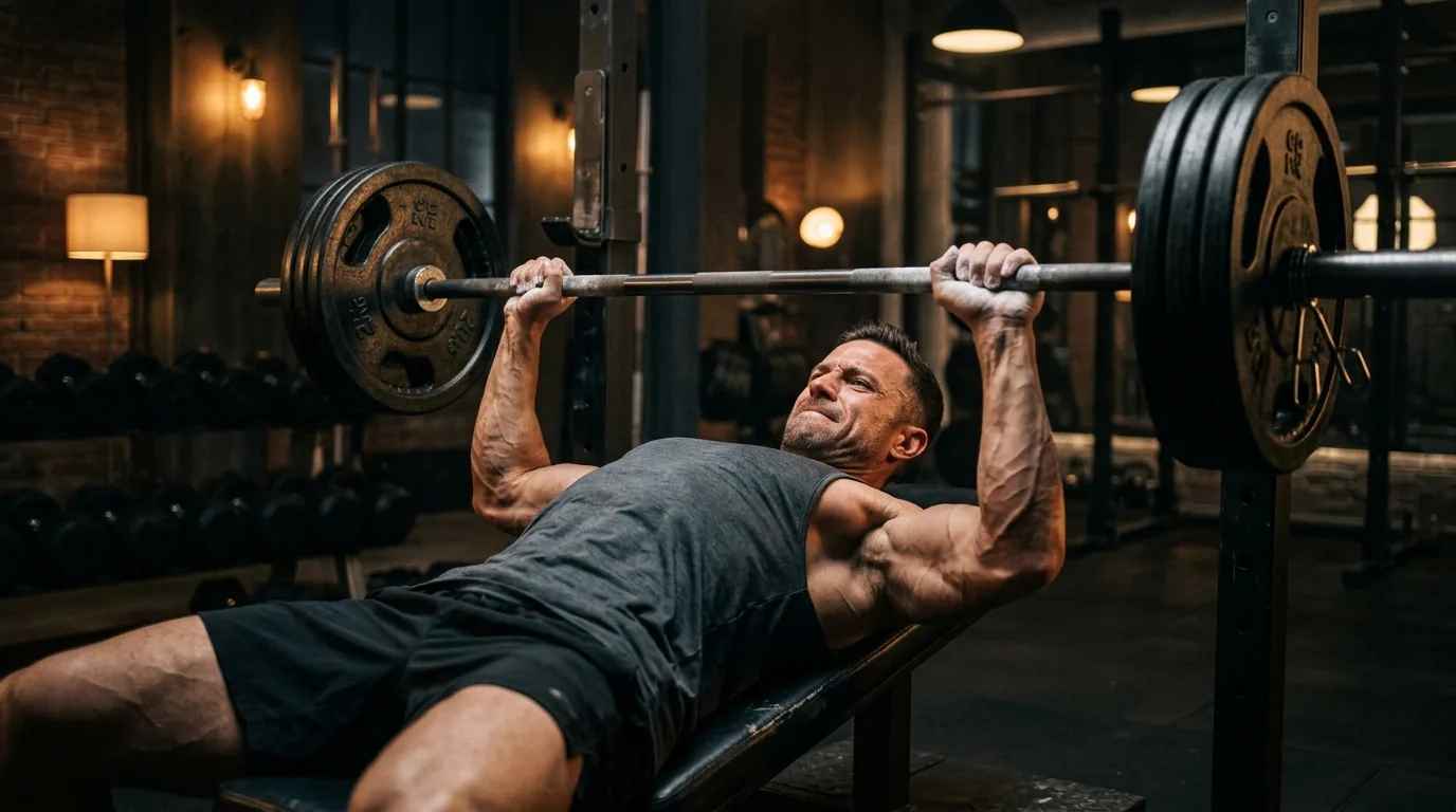 Athlète masculin musclé effectuant un développé couché en salle de musculation pendant une phase de sèche