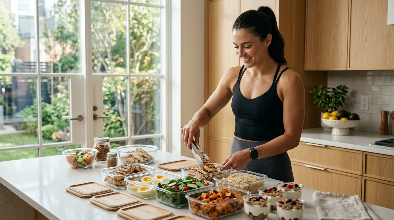 Athlete preparing high-protein meal prep containers in a modern kitchen after a gym session