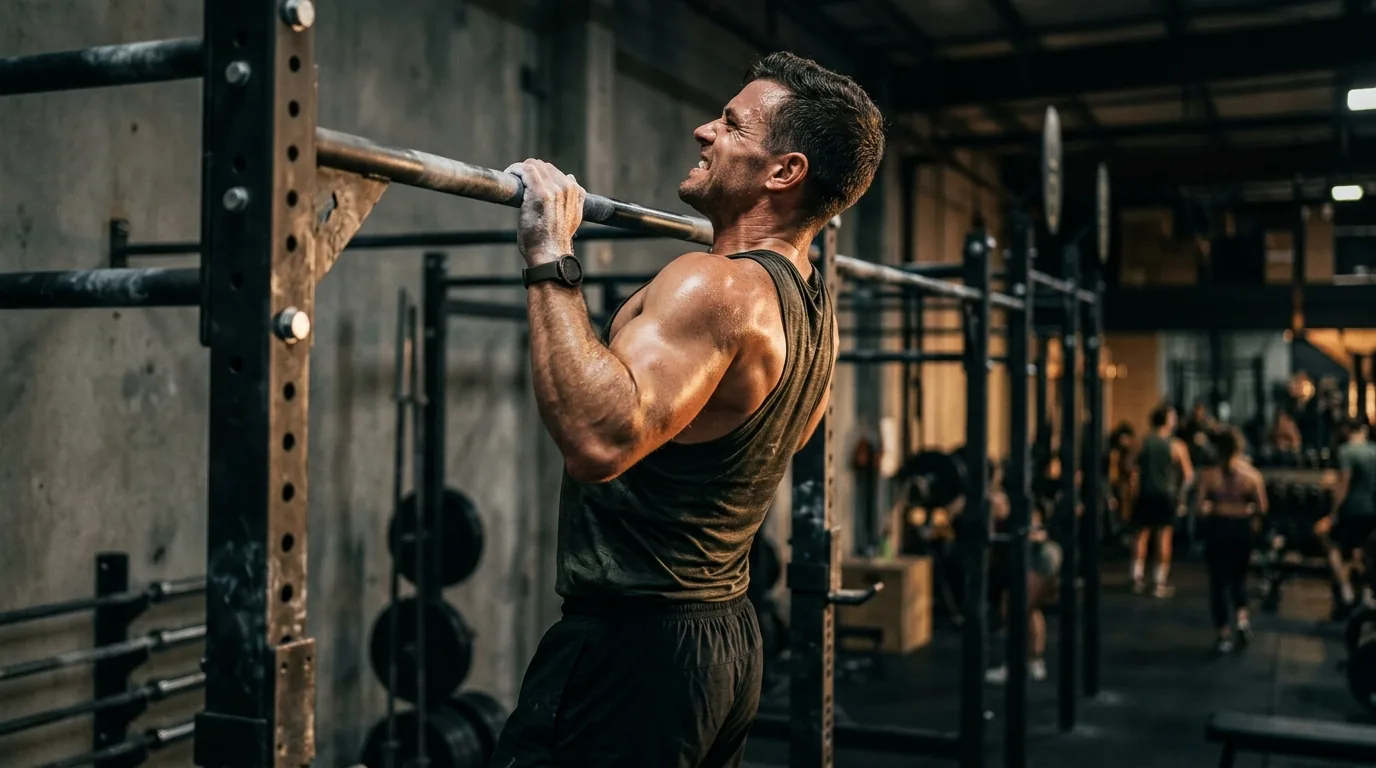 Athlete performing a strict pull-up on a bar in a modern gym with cinematic lighting