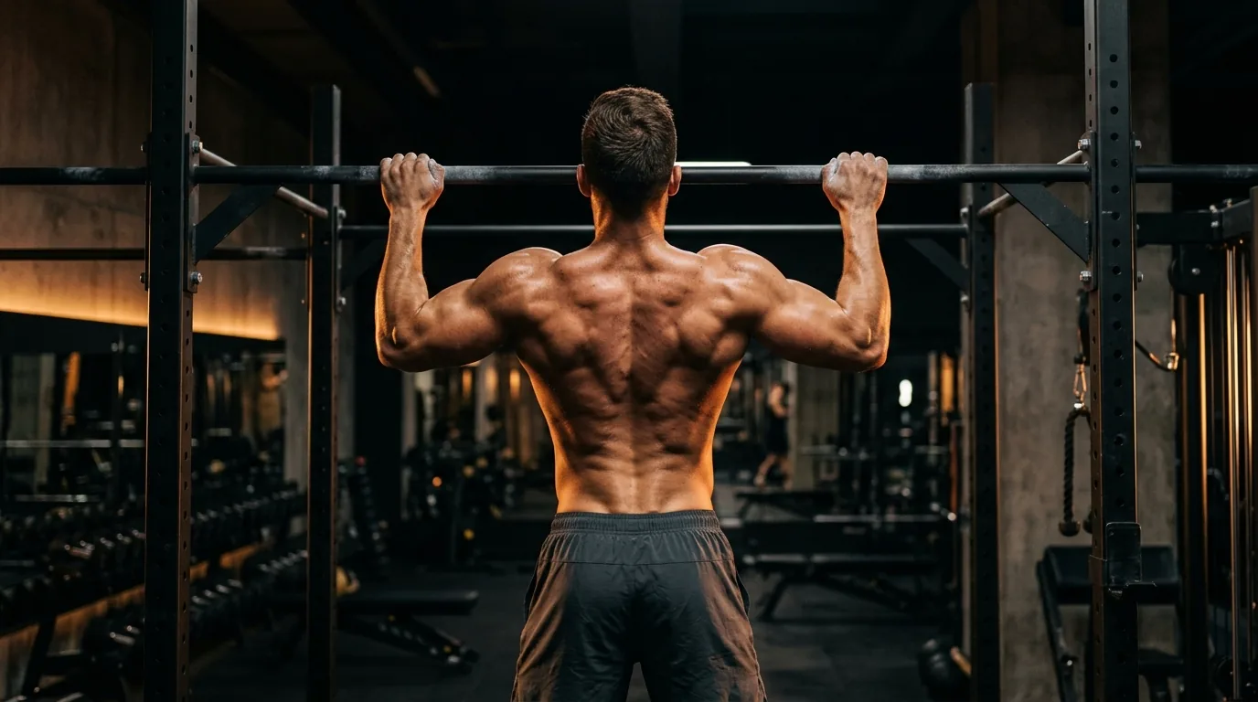 Athlète masculin en traction sur barre fixe, dos musclé, salle de musculation lumineuse