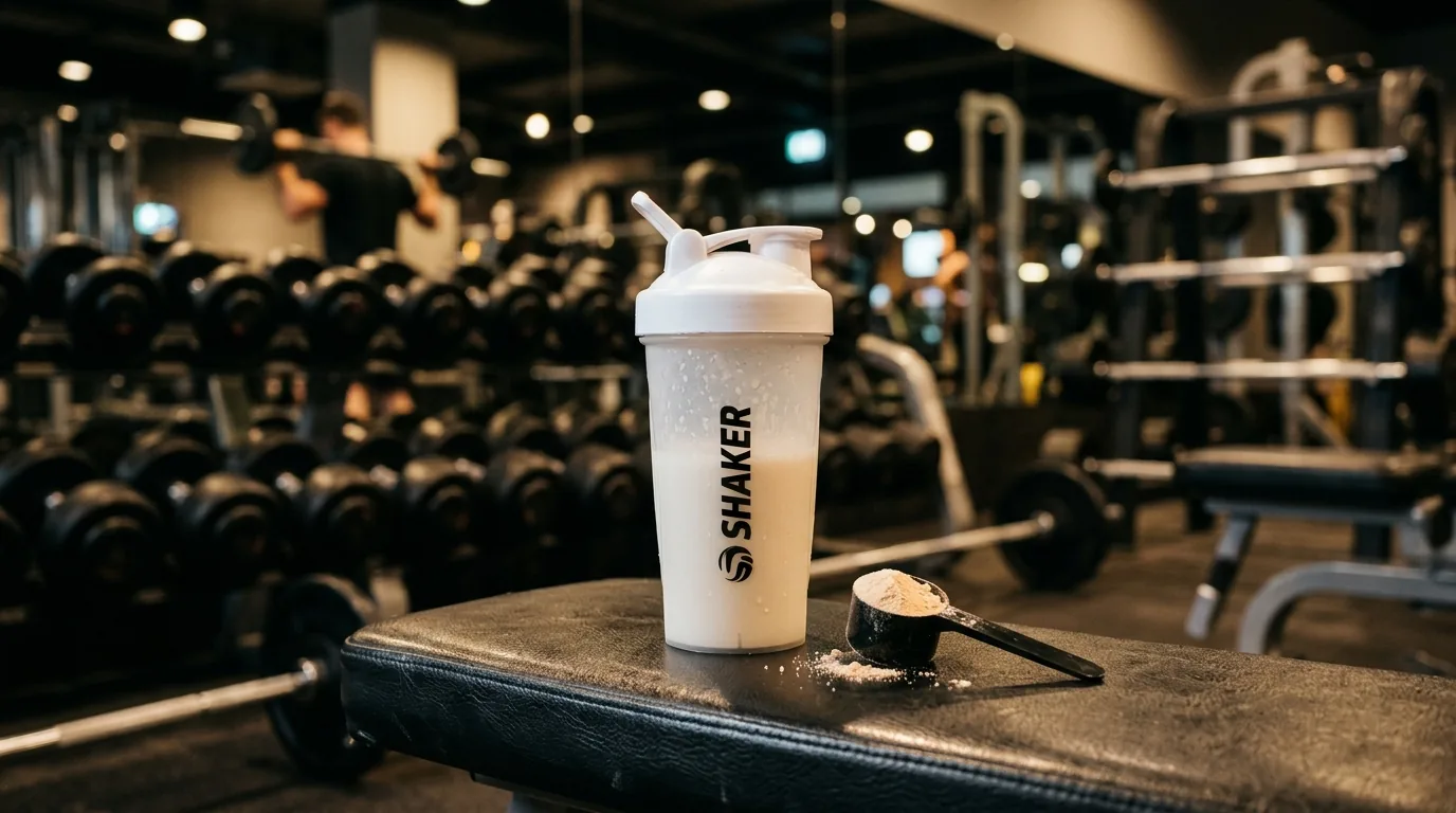Shaker de whey protéine posé sur un banc de musculation dans une salle moderne avec haltères en arrière-plan